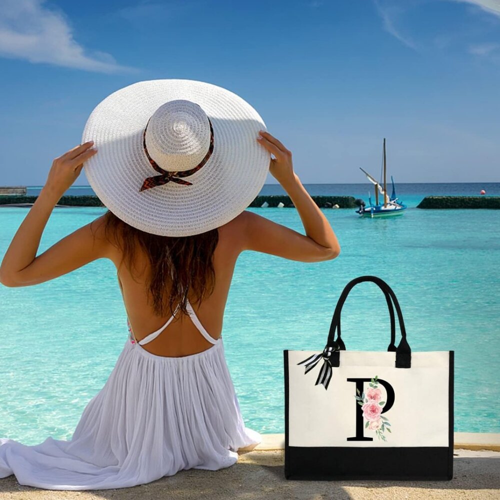 Personalized Initial Canvas Beach Bag, Monogrammed Gift Tote Bag - Letter P - Picture 6 of 8